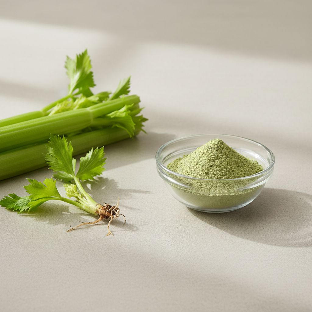Illustrative studio sample of Celery Powder beside Apium graveolens source material