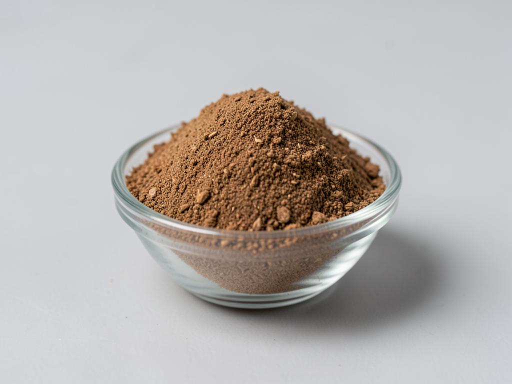 Chaga Mushroom Powder shown as a fine dried mushroom powder in a shallow dish in a neutral studio photograph