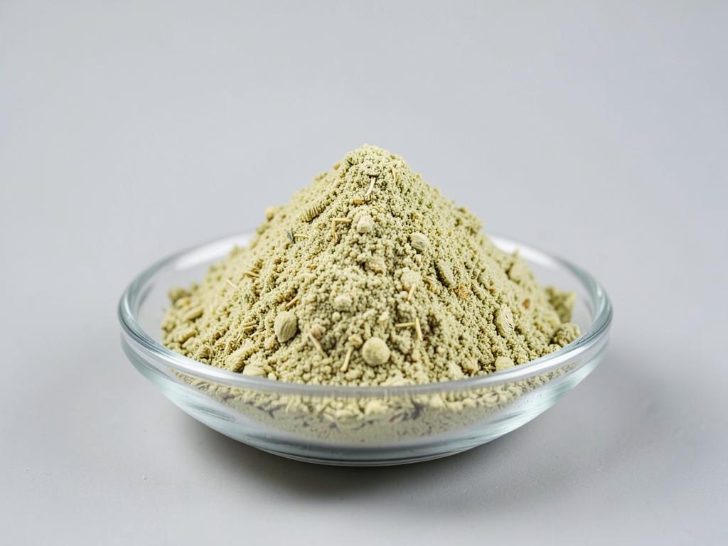 Chamomile Flower Powder shown as a dried milled botanical powder in a shallow dish in a neutral studio photograph