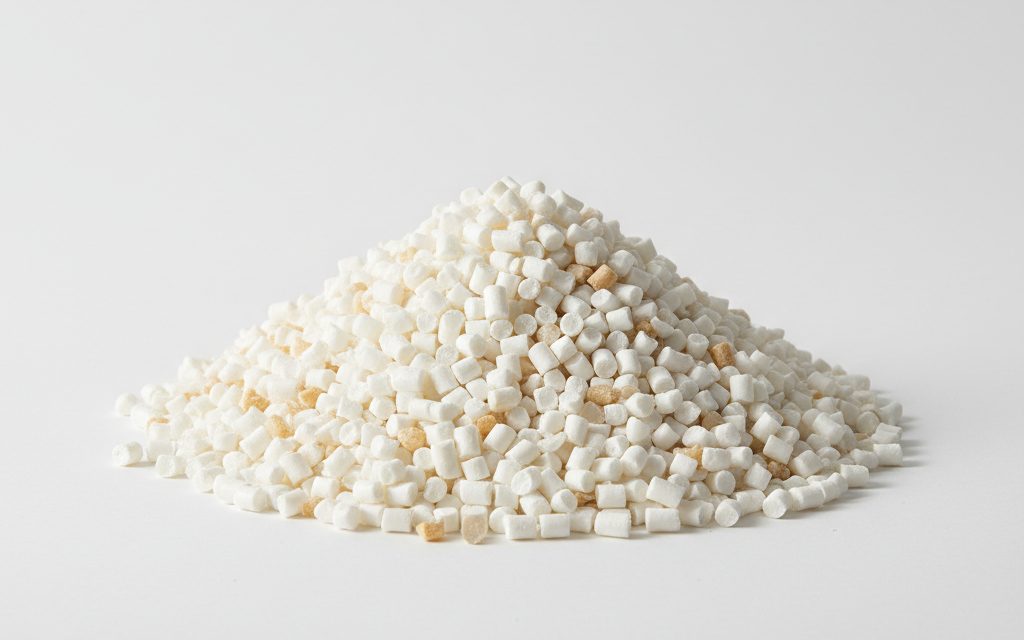 Grade confirmed at quotation — uniform cylindrical plastic pellets, typically white or natural, containing heat-activated foaming agents that appear matte and dry, studio product photograph