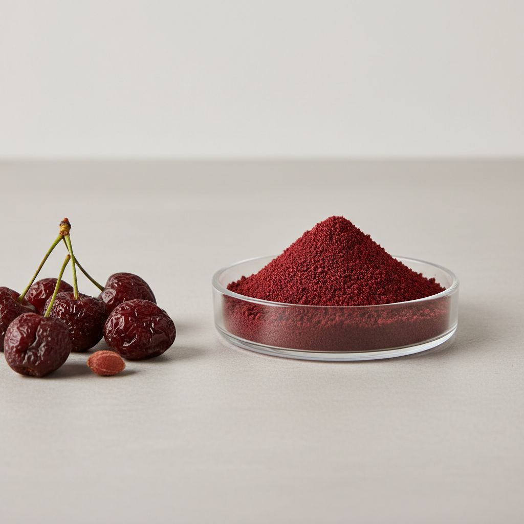 Illustrative studio sample of Cherry Powder beside Prunus spp. source material