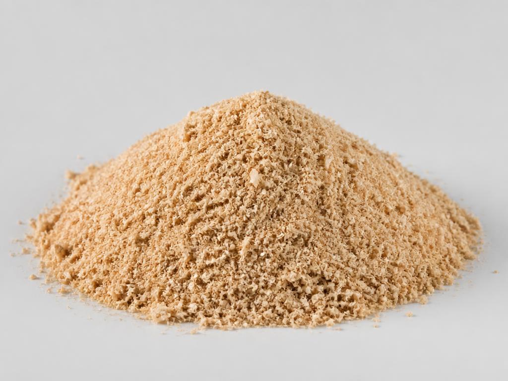 Chickpea fibre shown as a light tan coarse fibrous powder heap in a neutral studio photograph