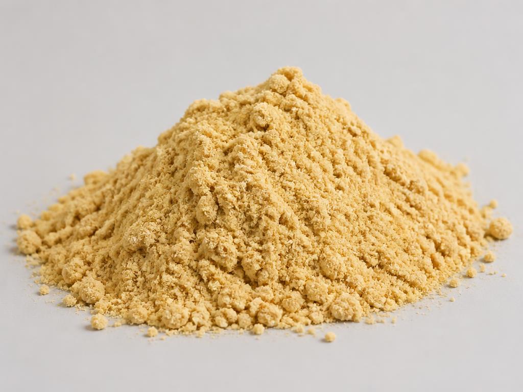 Chickpea protein shown as a pale golden-beige fine powder heap in a neutral studio photograph