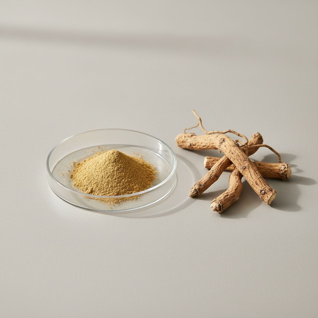 Illustrative studio sample of Chinese Angelica (Dong Quai) Extract beside Angelica sinensis source material