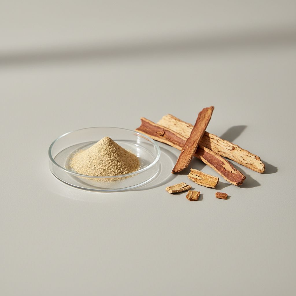 Illustrative studio sample of Chinese Ash Bark Extract beside Fraxinus chinensis source material
