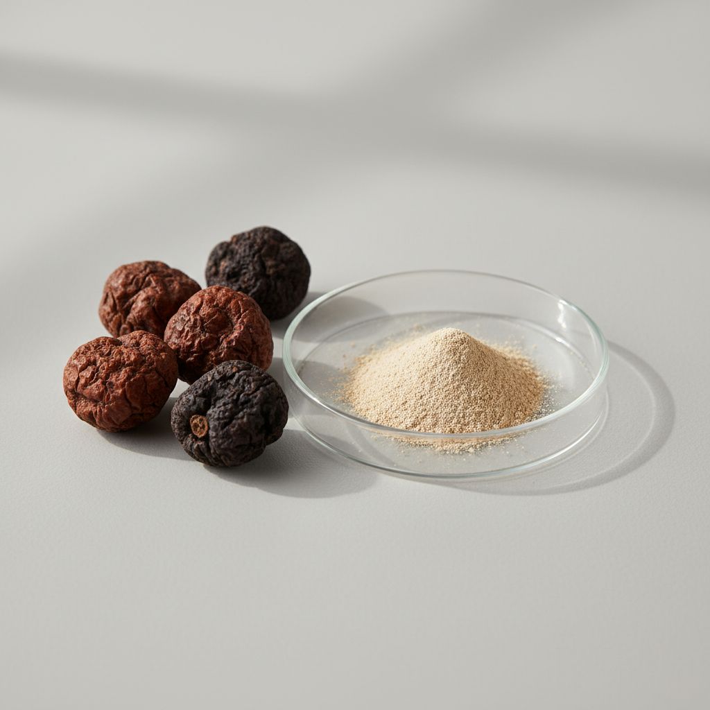 Illustrative studio sample of Chinese Gall Extract beside Galla chinensis source material
