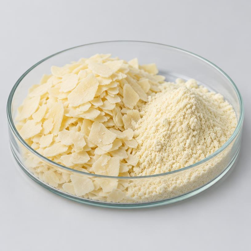Chitosan — Supplement Grade — studio photograph of off-white to pale yellow powder or flakes, presented as a B2B sourcing category illustration