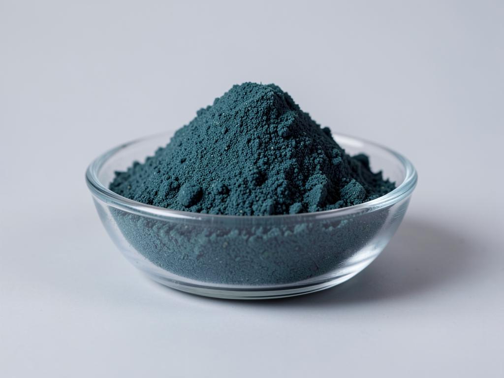 Chlorella Powder shown as a dried milled botanical powder in a shallow dish in a neutral studio photograph