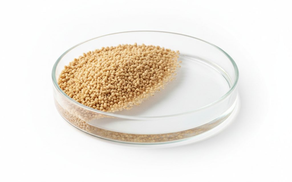 Choline Chloride — typically presented as dry, tan-colored granules on a cereal carrier or as a clear, colorless concentrated aqueous liquid, studio product photograph