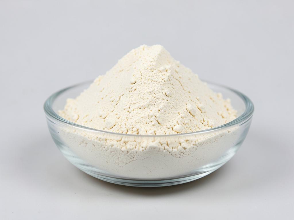 Chondroitin sulfate shown as an off-white cream fine powder heaped in a shallow glass dish in a neutral studio photograph