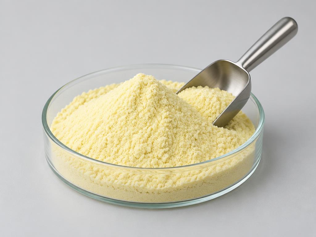 Pale yellow oligosaccharide powder in a glass dish — generic product illustration