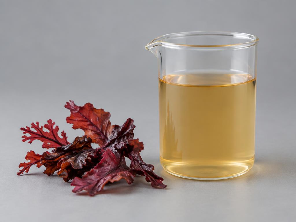 Chondrus Crispus Extract Blend — studio photograph of a pale amber extract liquid in a glass beaker beside dried red seaweed