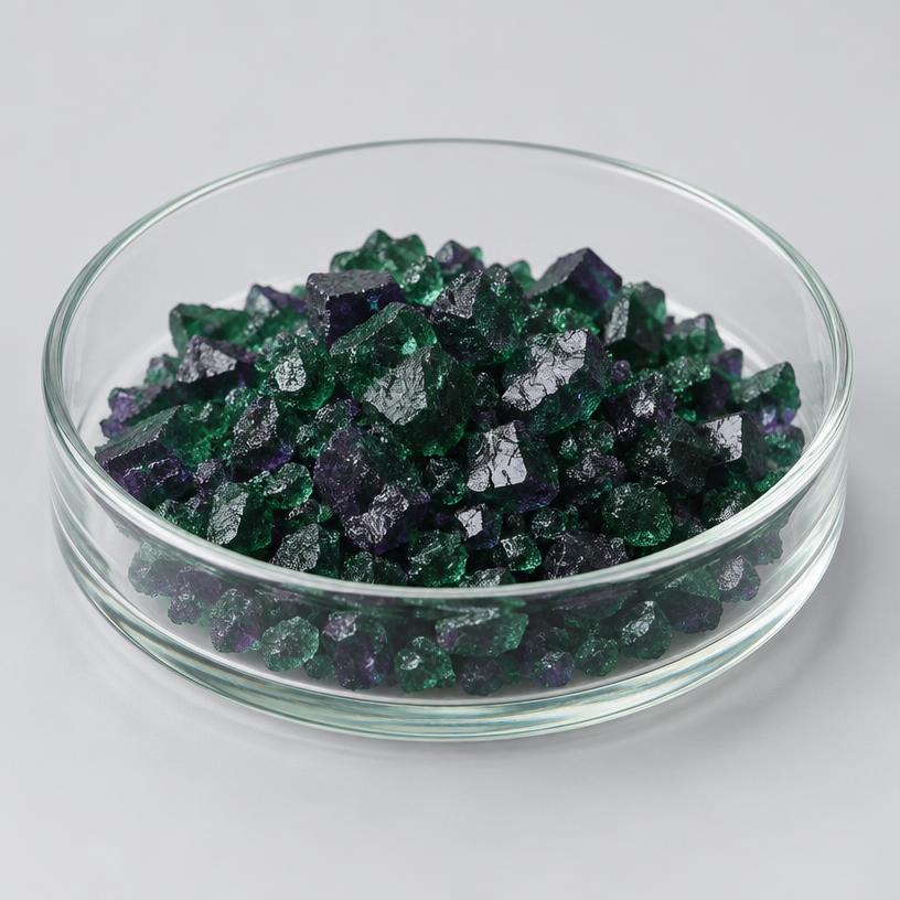 Chromium Chloride — Industrial Grade — studio photograph of green to violet crystalline solid, presented as a B2B sourcing category illustration