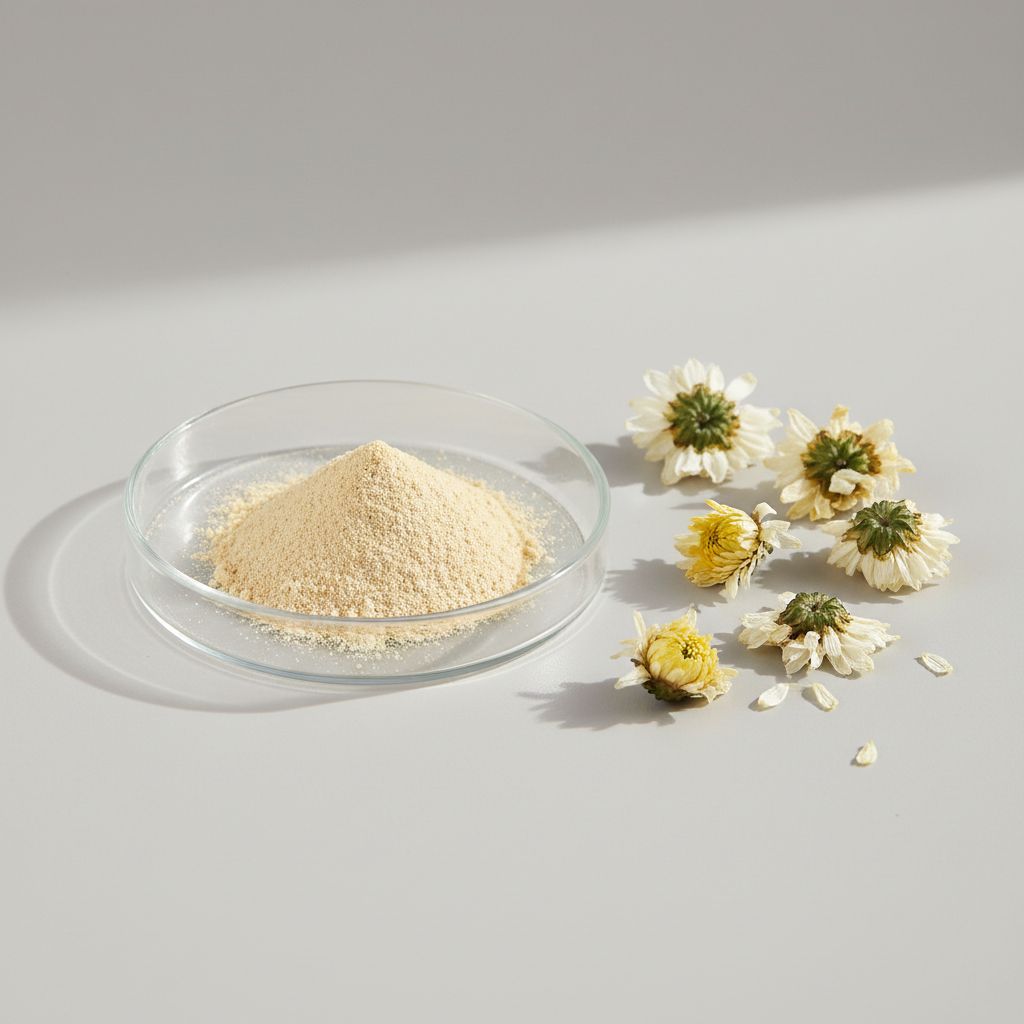 Illustrative studio sample of Chrysanthemum Flower Extract beside Chrysanthemum morifolium source material