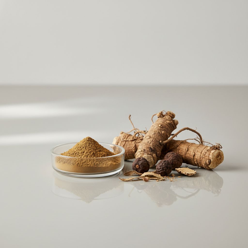 Illustrative studio sample of Szechwan Lovage (Chuanxiong) Rhizome Extract beside Ligusticum chuanxiong source material