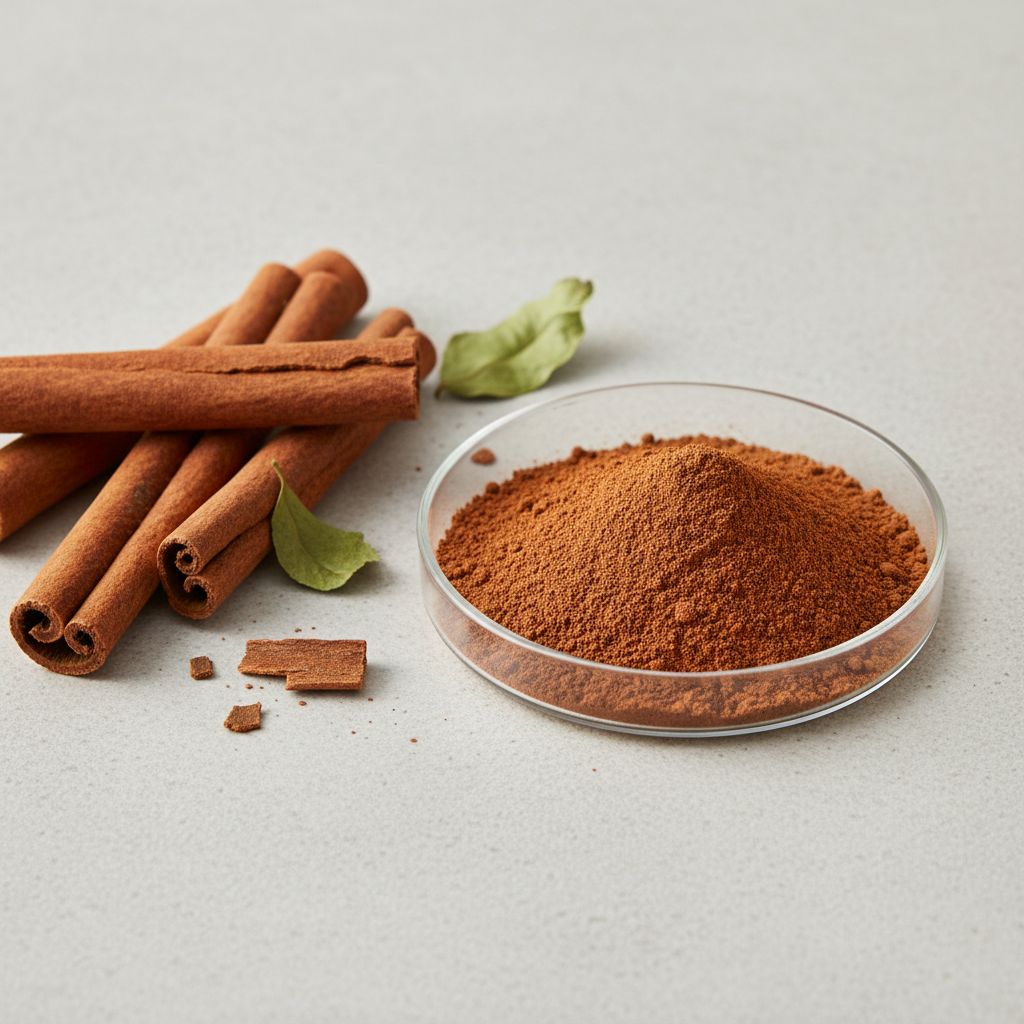 Illustrative studio sample of Cinnamon Extract beside Cinnamomum spp. source material
