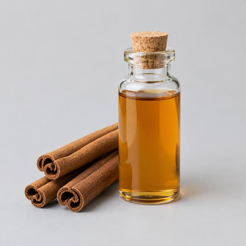 Cinnamon Oil — Food & Flavour Grade — studio photograph of clear to pale mobile oil, presented as a B2B sourcing category illustration