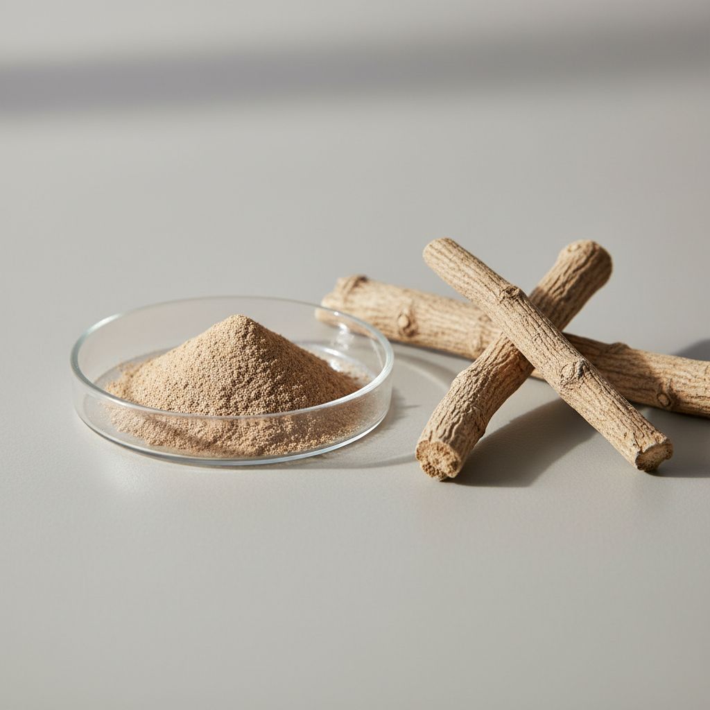 Illustrative studio sample of Cistanche Extract beside Cistanche deserticola source material