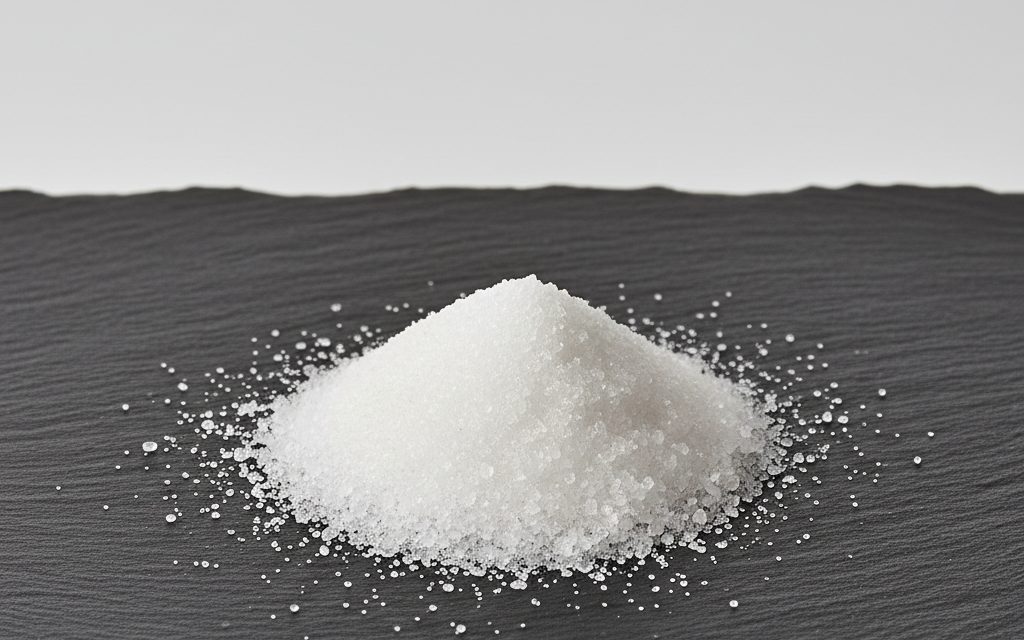 Citric Acid Anhydrous — Fine Granular — colorless, translucent crystals or fine white granular solids resembling table salt, characterized by a sharp acidic profile, studio product photograph