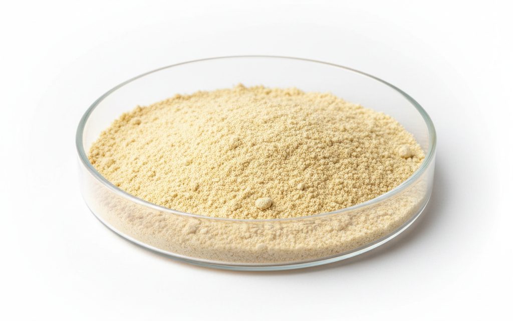 Citrus Fibre — a pale yellow to light tan, slightly coarse powder with a neutral scent, presenting a dry, particulate texture in lab dishes, studio product photograph