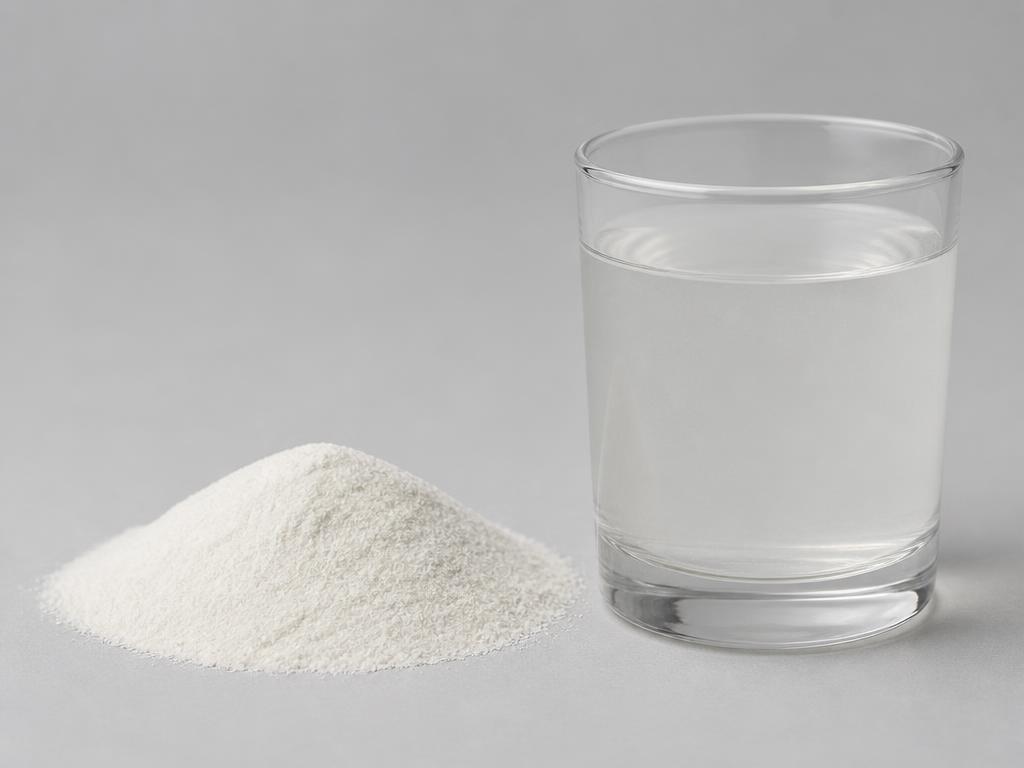 Clear pea protein shown as a pale off-white powder heap beside a glass of transparent protein solution in a neutral studio photograph
