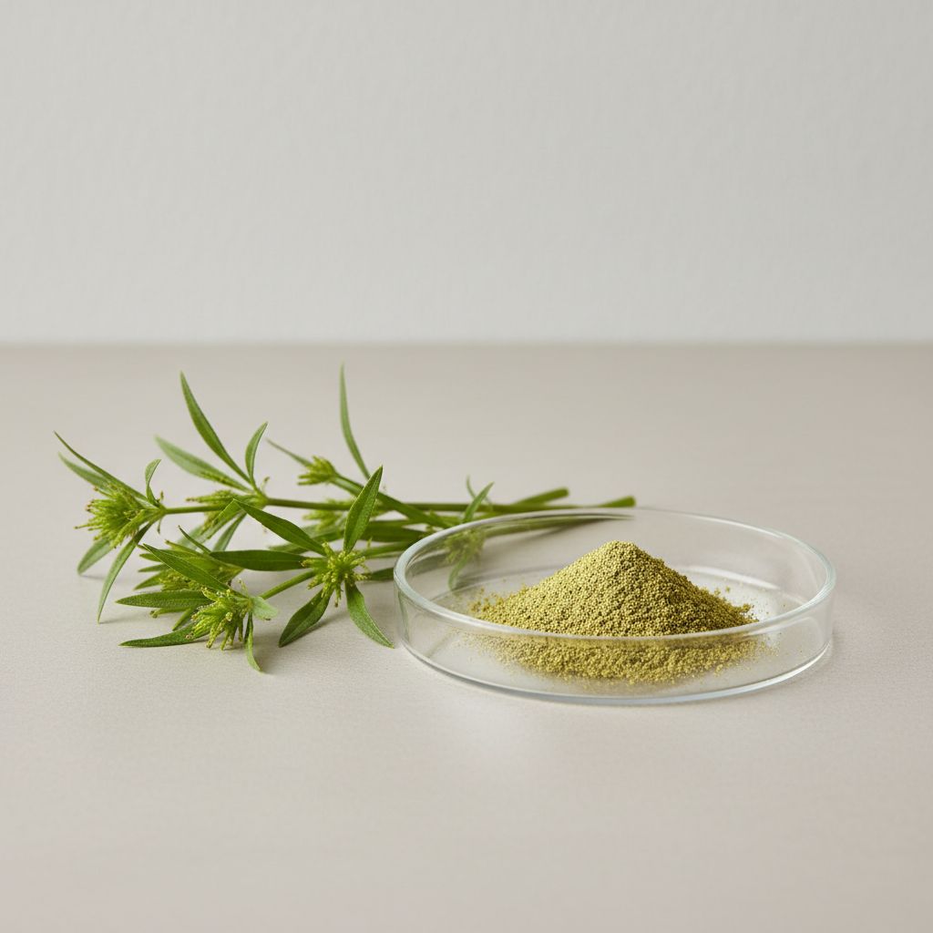 Illustrative studio sample of Cleavers Extract beside Galium aparine source material