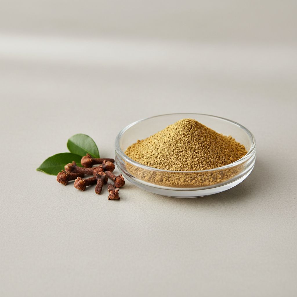 Illustrative studio sample of Clove Extract beside Syzygium aromaticum source material