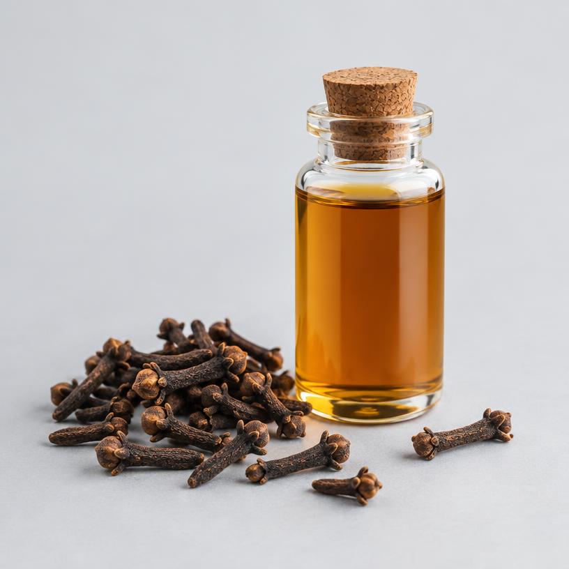 Clove Oil — Food & Flavour Grade — studio photograph of clear to pale mobile oil, presented as a B2B sourcing category illustration