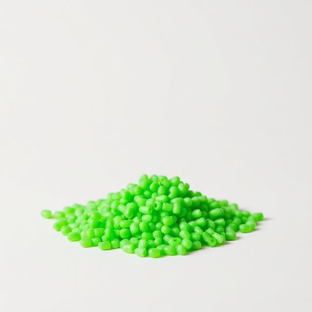 Bright green colour masterbatch pellets shown as a neutral studio product photograph