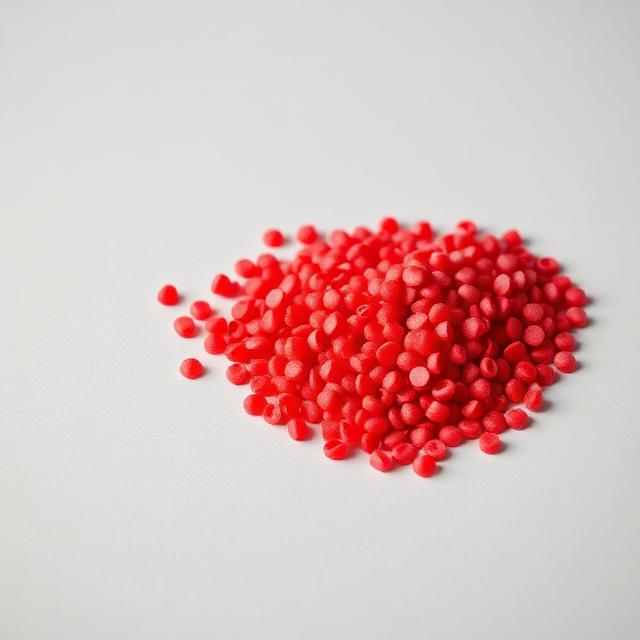 Pure red colour masterbatch pellets shown as a neutral studio product photograph