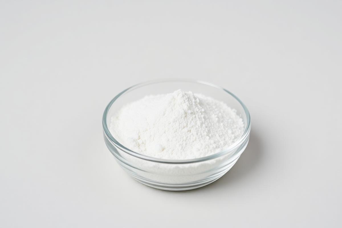 White carboxymethyl cellulose (CMC) powder in a glass dish — studio category illustration
