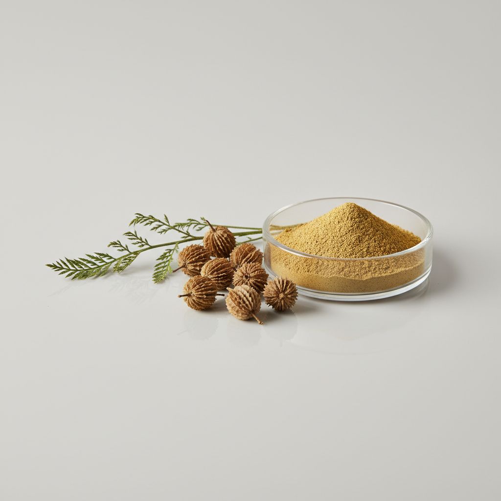 Illustrative studio sample of Cnidium Fruit Extract beside Cnidium monnieri source material