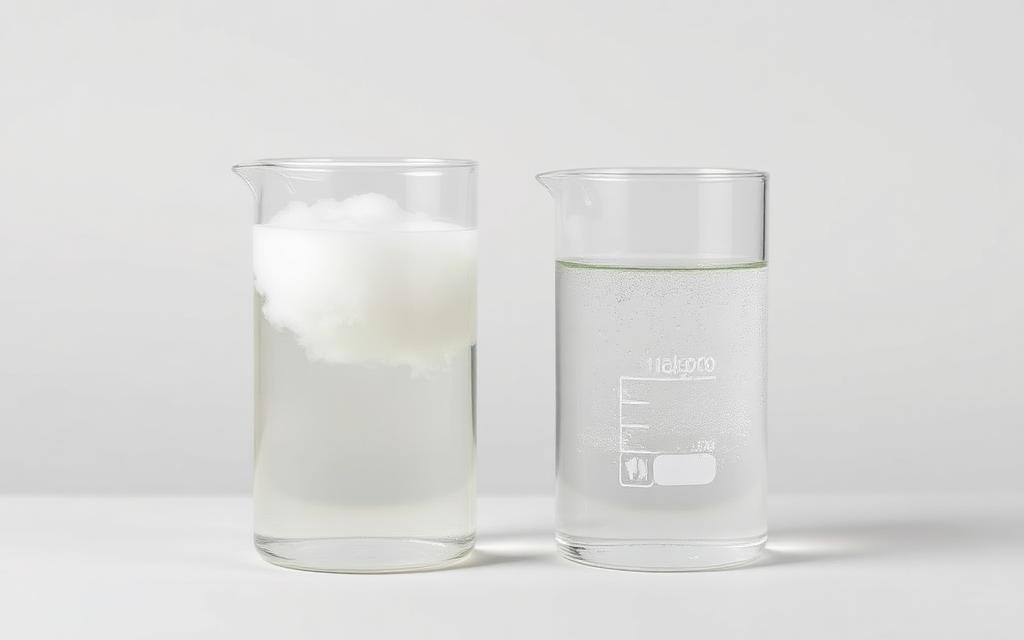Studio category illustration for coagulants & flocculants — beakers showing cloudy water beside clarified water