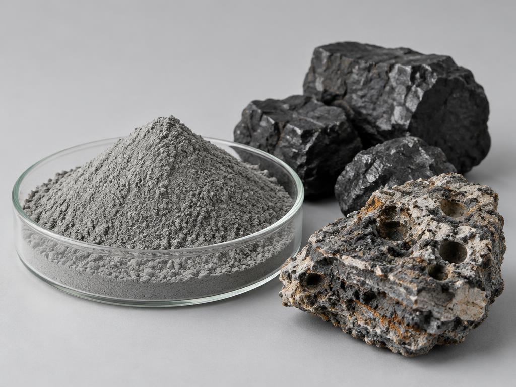 Additive powder beside coal and boiler ash deposit — generic product illustration