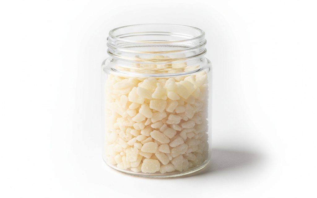 Grade confirmed at quotation — off-white to pale yellow waxy flakes or solid beads, appearing opaque with a characteristic fatty amide scent, studio product photograph