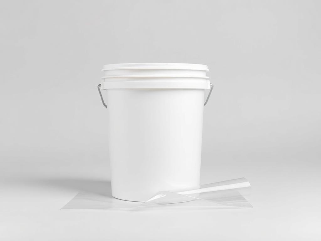 Pail of white cold-seal adhesive coating beside a coated film sample on a neutral studio background