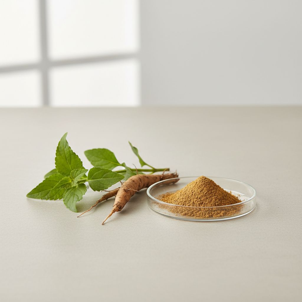 Illustrative studio sample of Coleus Forskohlii Extract beside Plectranthus barbatus source material