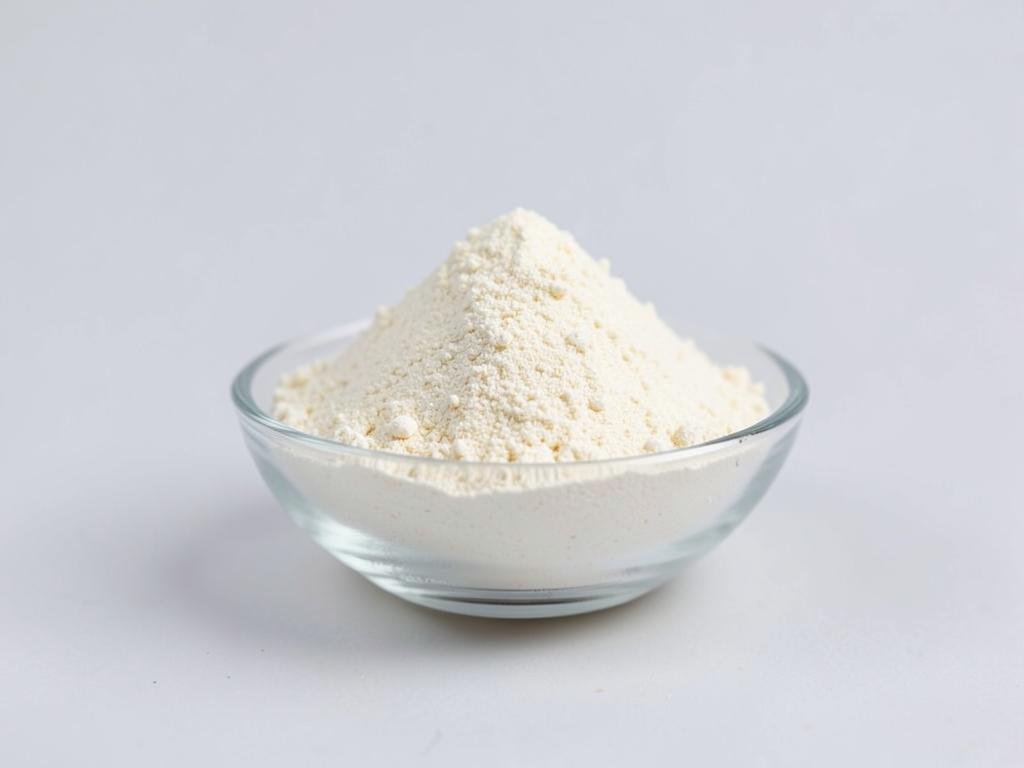 Collagen peptides shown as a fine off-white free-flowing powder heaped in a shallow glass dish in a neutral studio photograph