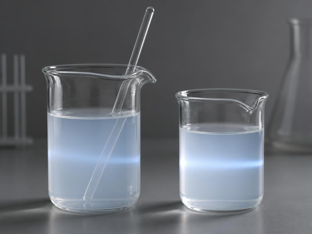 Two clear laboratory beakers of translucent bluish-white colloidal silica sol dispersion with a glass stirring rod on a neutral grey studio bench