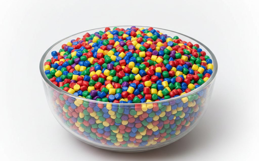 Grade confirmed at quotation — vibrantly colored, uniform plastic pellets (red, blue, green, etc.) used as concentrated pigment carriers for polymers, studio product photograph