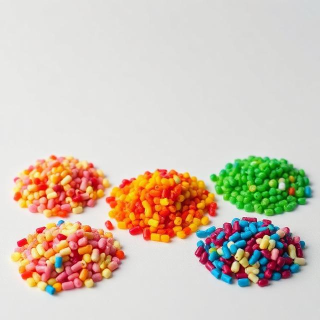 Colour masterbatch pellets in several solid shades shown as a neutral studio product photograph