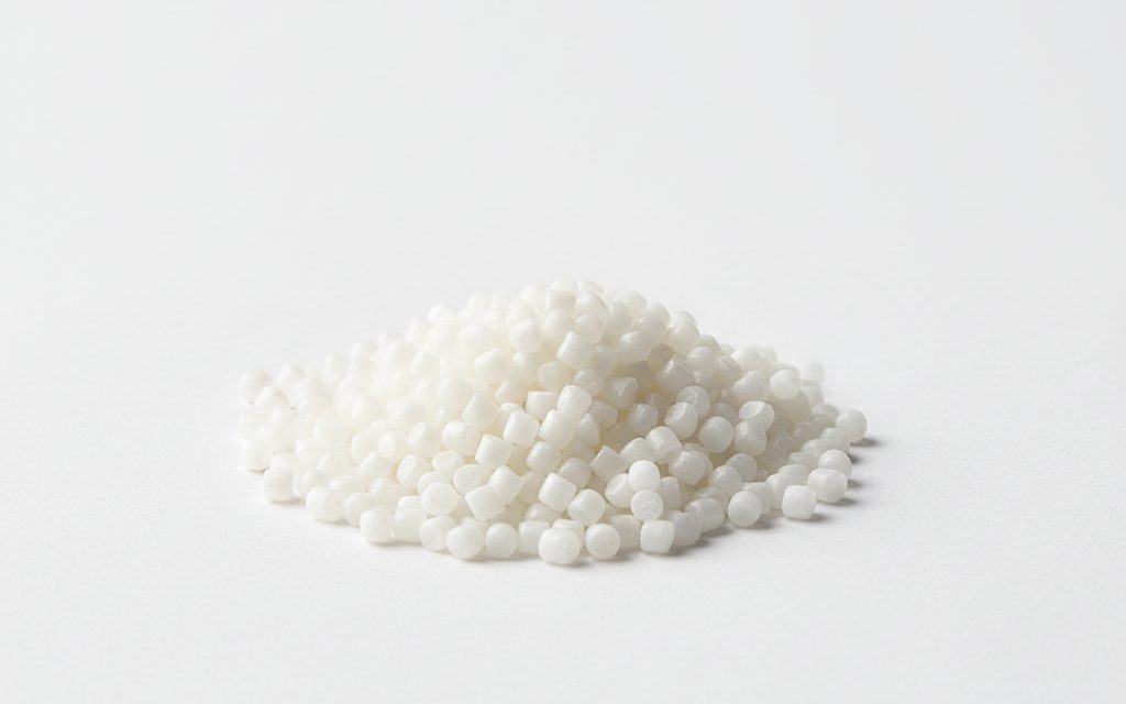 Grade confirmed at quotation — small translucent or white translucent plastic pellets with a dry, non-tacky surface and uniform cylindrical or spherical shape, studio product photograph