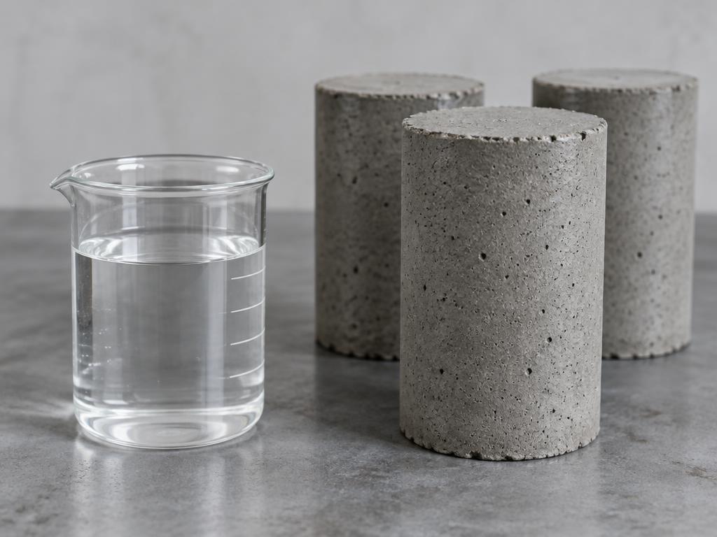 Liquid admixture beside precast concrete cylinders — generic product illustration