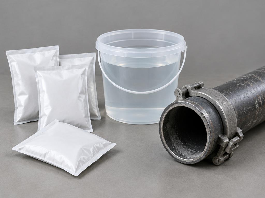 Unprinted pump primer sachets, water and pump pipe — generic product illustration