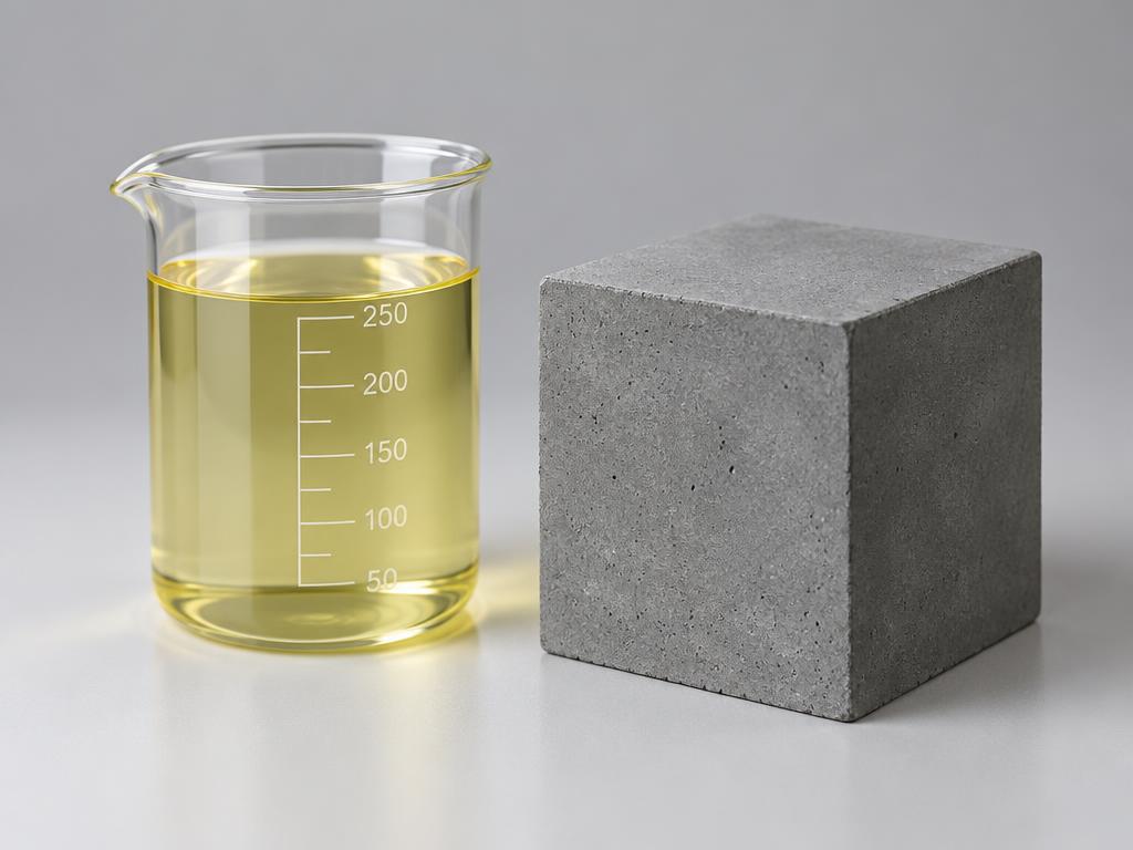 Liquid viscosity-reducing admixture beside a dense concrete cube — generic product illustration