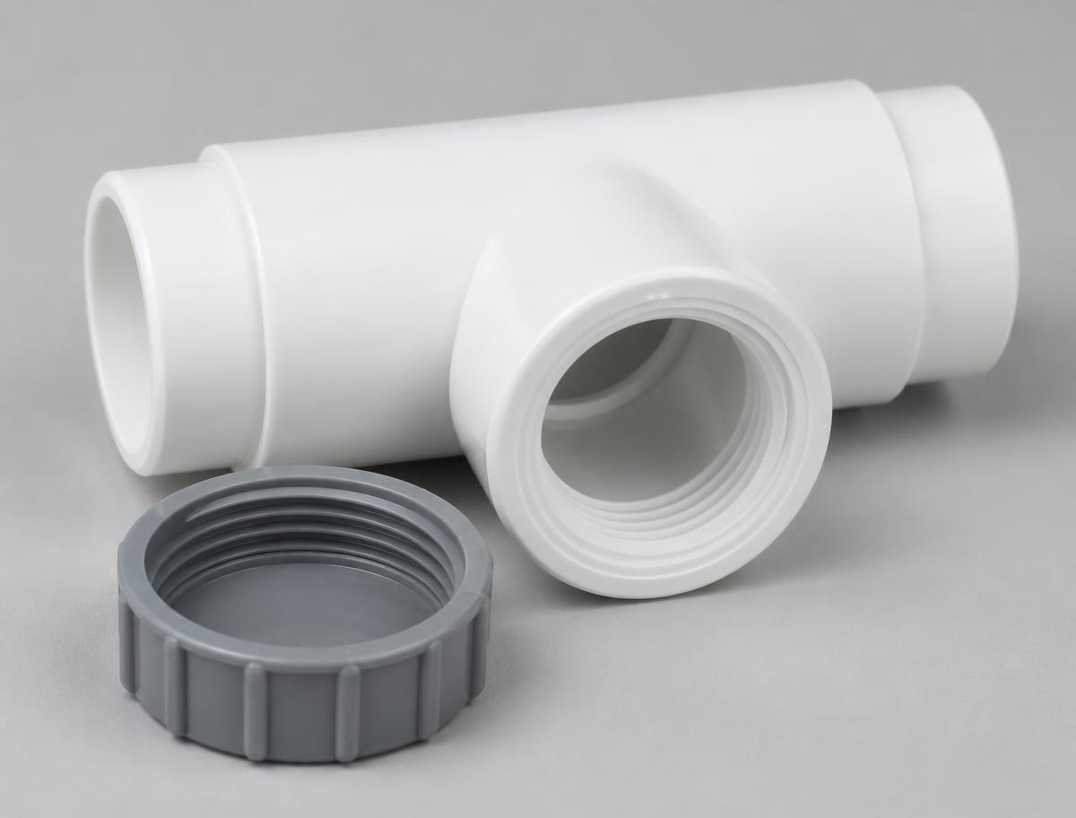 White plastic condensate drain tee with its grey screw-off clean-out cap removed and resting beside it
