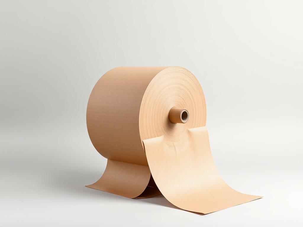 Reel of brown containerboard beside a corrugated fluting sample on a neutral studio background