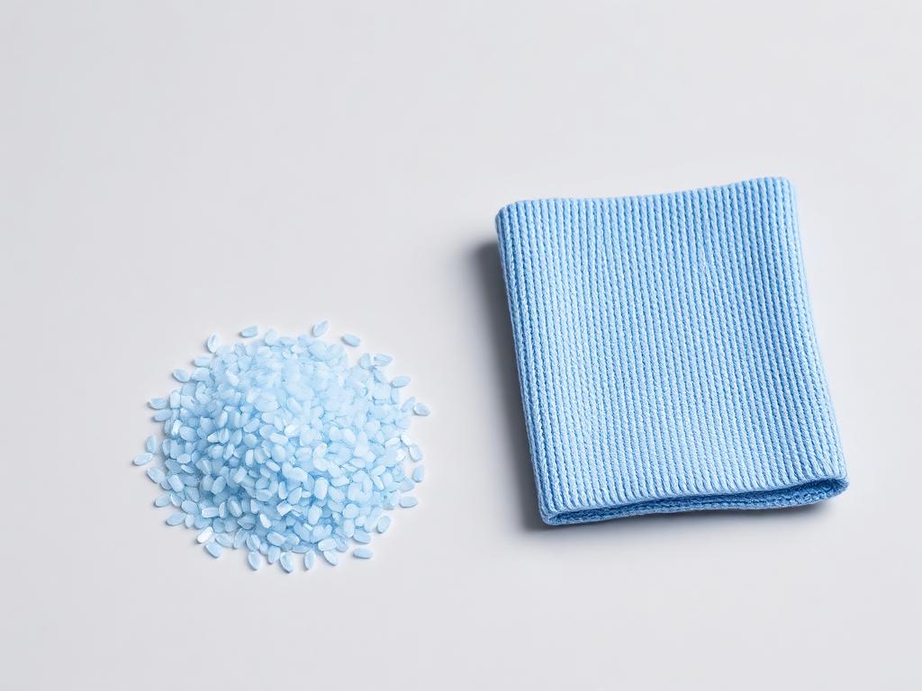Small heap of fine-cut cool-touch masterbatch pellets beside a folded knitted fabric swatch on a neutral studio background