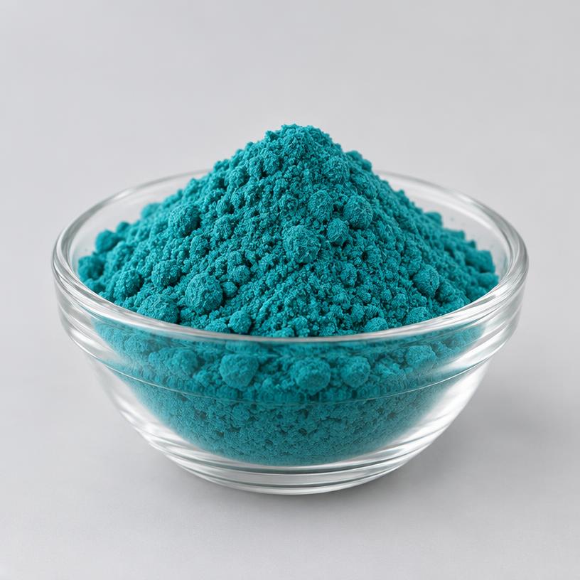 Copper Glycinate — Food & Nutraceutical Grade — studio photograph of blue to blue-green powder, presented as a B2B sourcing category illustration