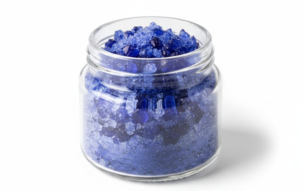 Grade confirmed at quotation — bright, deep blue transparent crystals or fine blue powder; resembles crushed sapphire gemstones in a dry lab dish, studio product photograph